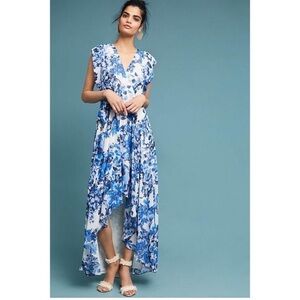 Eliza J Floral Belted Ruffle High/Low Maxi Dress Blue White Size 10